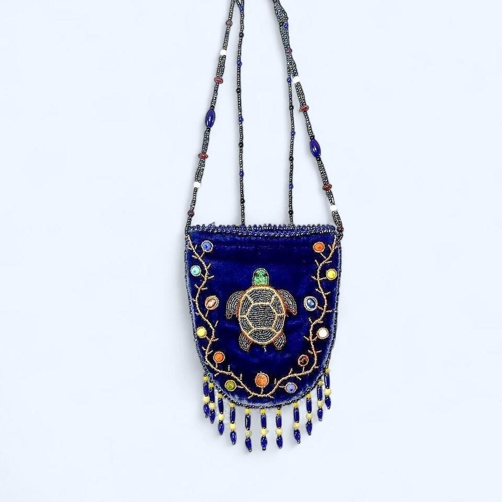 Vintage Handcrafted BOHO Beaded Turtle Blue Velvet Mini Purse with Beads